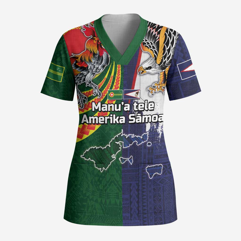 Manuʻa Islands and American Samoa Together Scrub Top Rooster and Eagle Mascot National Map and Flag Style - Polynesian Pride