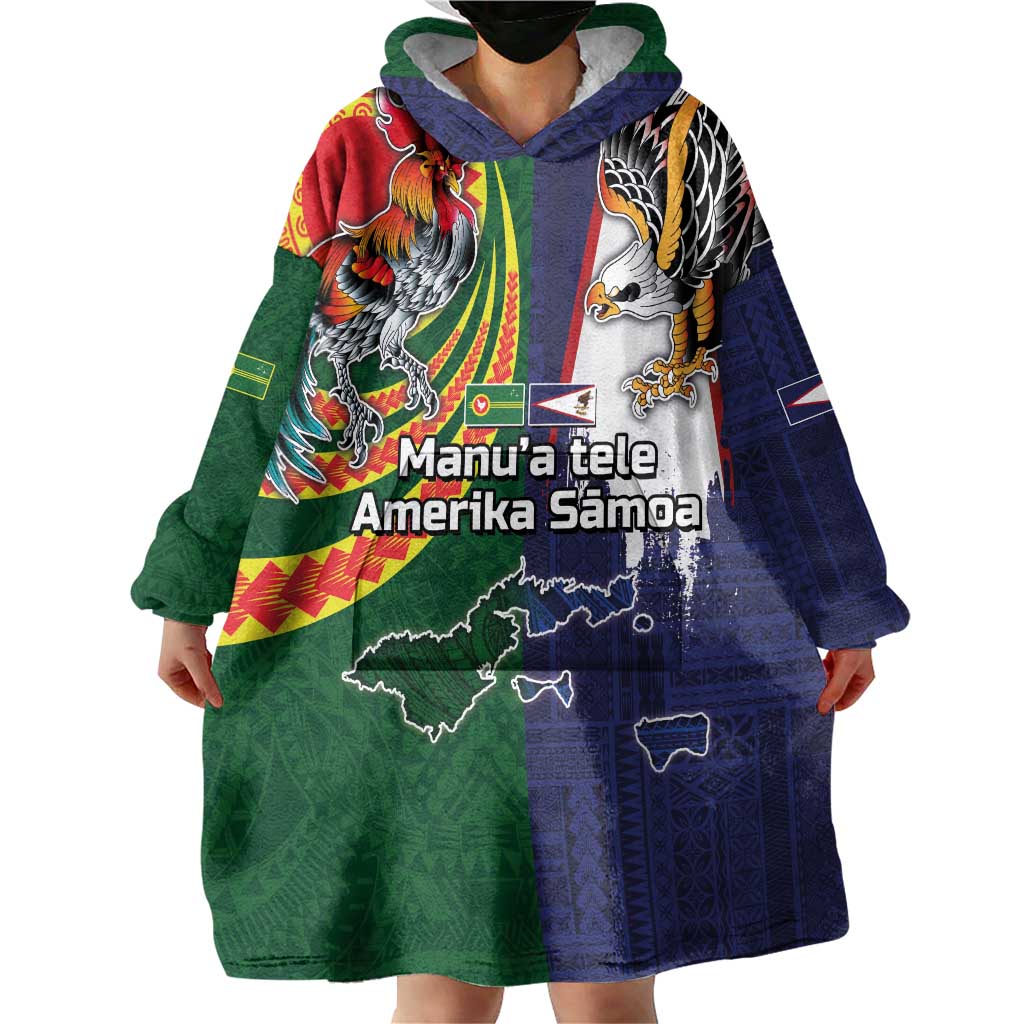 Manuʻa Islands and American Samoa Together Wearable Blanket Hoodie Rooster and Eagle Mascot National Map and Flag Style