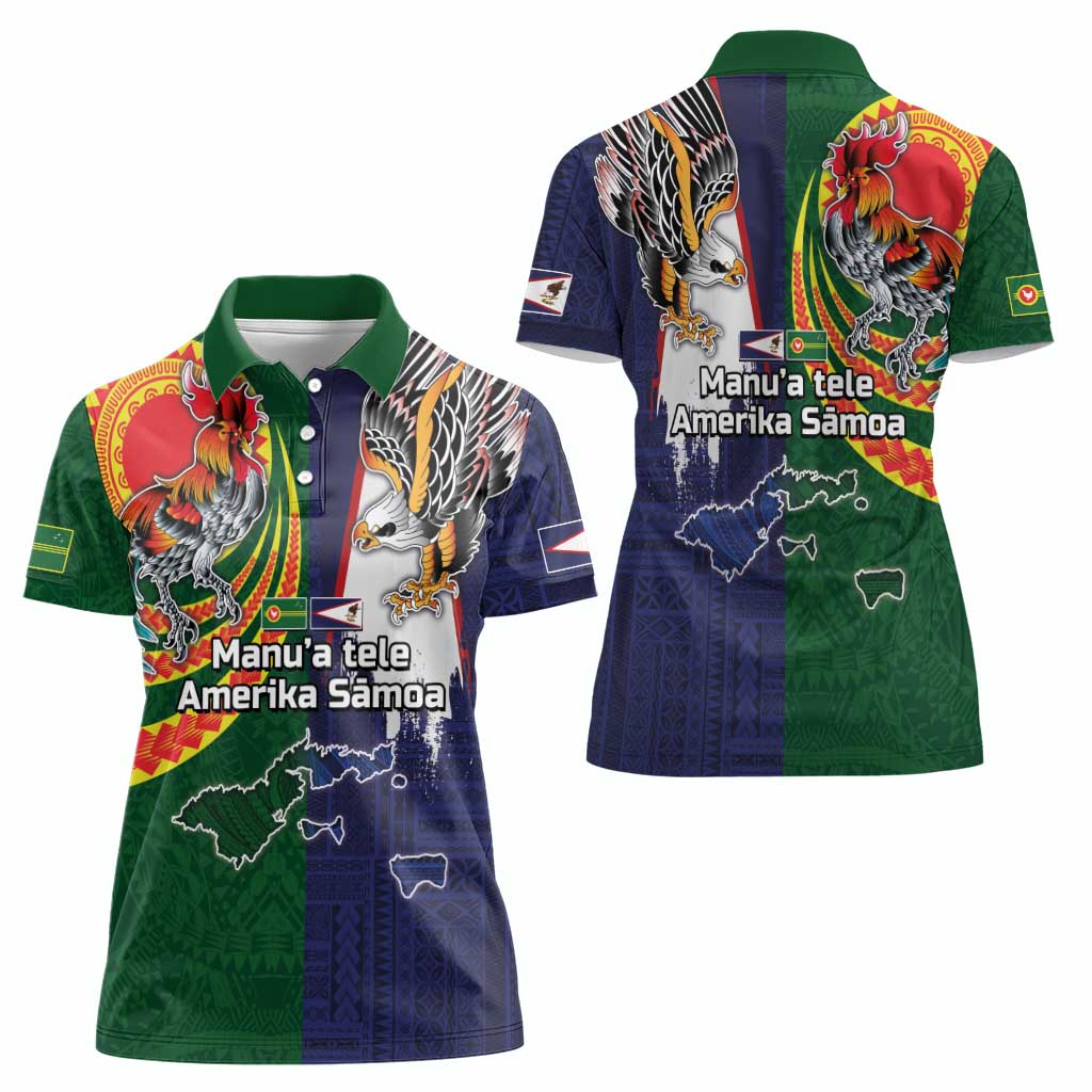 Manuʻa Islands and American Samoa Together Women Polo Shirt Rooster and Eagle Mascot National Map and Flag Style