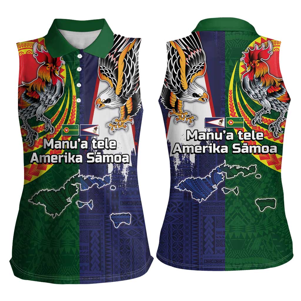 Manuʻa Islands and American Samoa Together Women Sleeveless Polo Shirt Rooster and Eagle Mascot National Map and Flag Style