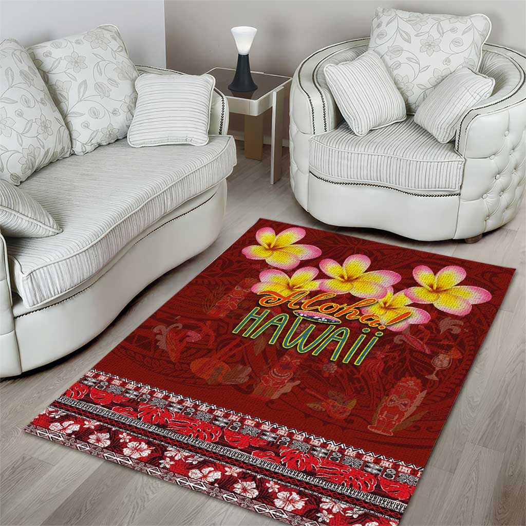Aloha Plumeria Flowers Area Rug With Hawaiian Style Tapa Tribal