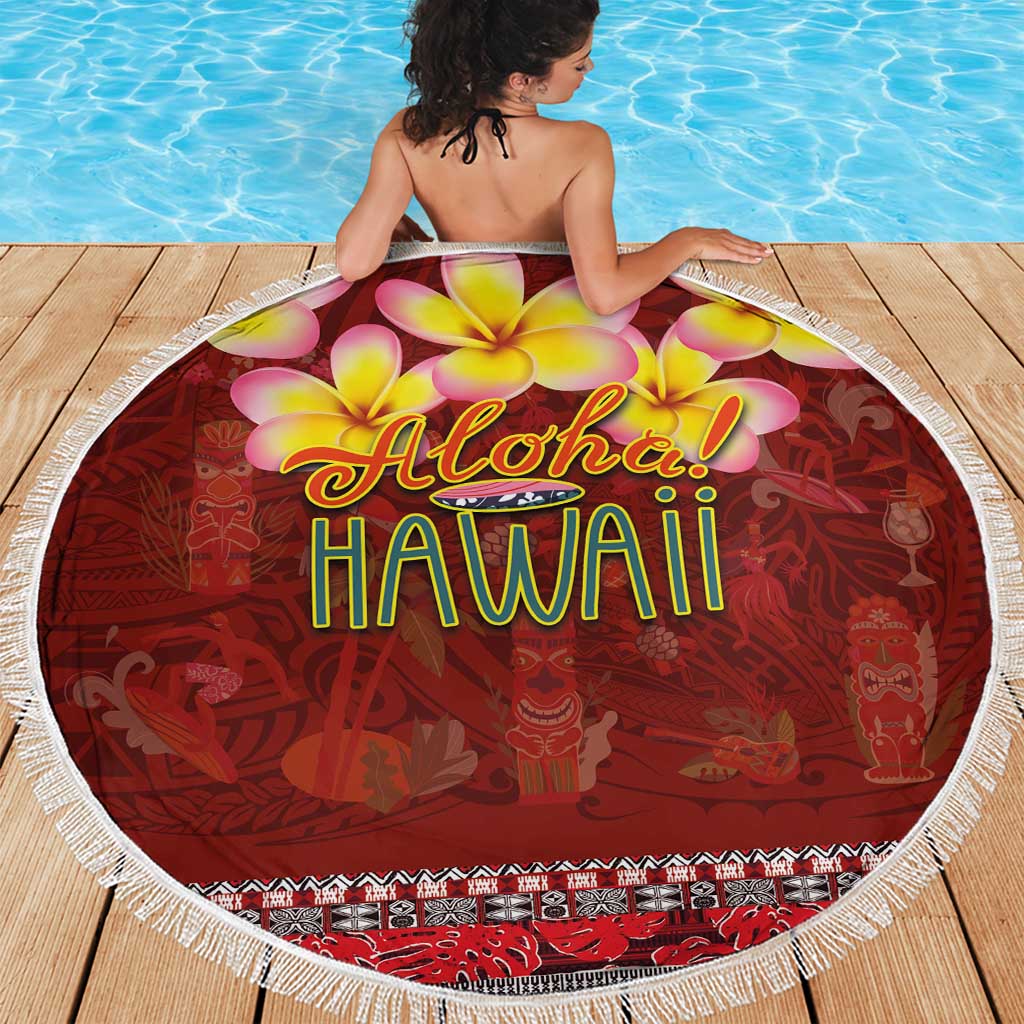 Aloha Plumeria Flowers Beach Blanket With Hawaiian Style Tapa Tribal