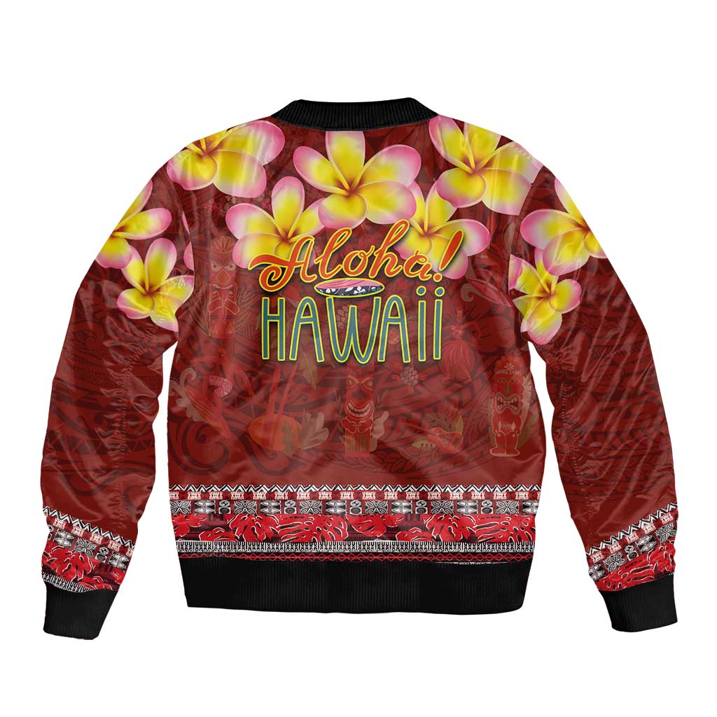 Aloha Plumeria Flowers Bomber Jacket With Hawaiian Style Tapa Tribal