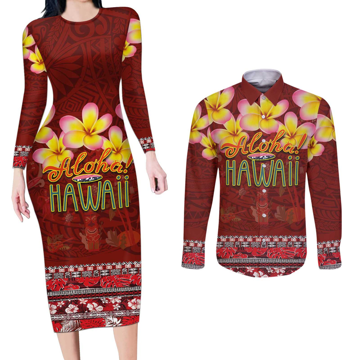 Aloha Plumeria Flowers Couples Matching Long Sleeve Bodycon Dress and Long Sleeve Button Shirt With Hawaiian Style Tapa Tribal
