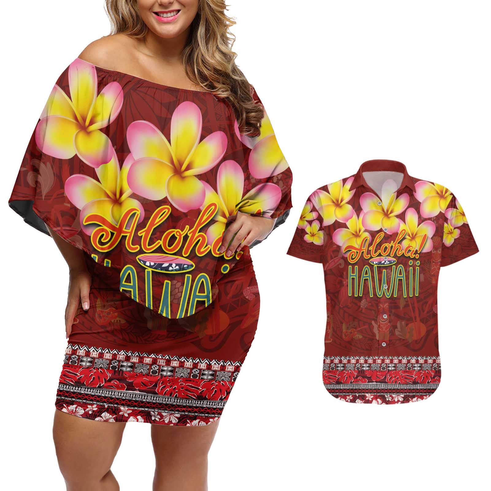 Aloha Plumeria Flowers Couples Matching Off Shoulder Short Dress and Hawaiian Shirt With Hawaiian Style Tapa Tribal