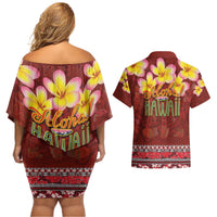 Aloha Plumeria Flowers Couples Matching Off Shoulder Short Dress and Hawaiian Shirt With Hawaiian Style Tapa Tribal