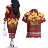 Aloha Plumeria Flowers Couples Matching Off The Shoulder Long Sleeve Dress and Hawaiian Shirt With Hawaiian Style Tapa Tribal