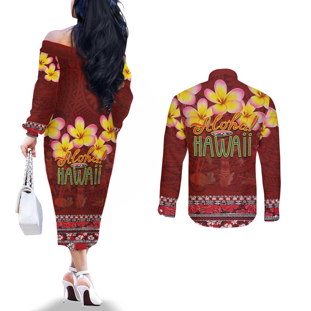 Aloha Plumeria Flowers Couples Matching Off The Shoulder Long Sleeve Dress and Long Sleeve Button Shirt With Hawaiian Style Tapa Tribal