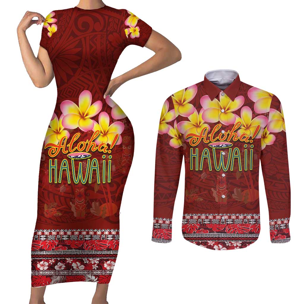 Aloha Plumeria Flowers Couples Matching Short Sleeve Bodycon Dress and Long Sleeve Button Shirt With Hawaiian Style Tapa Tribal