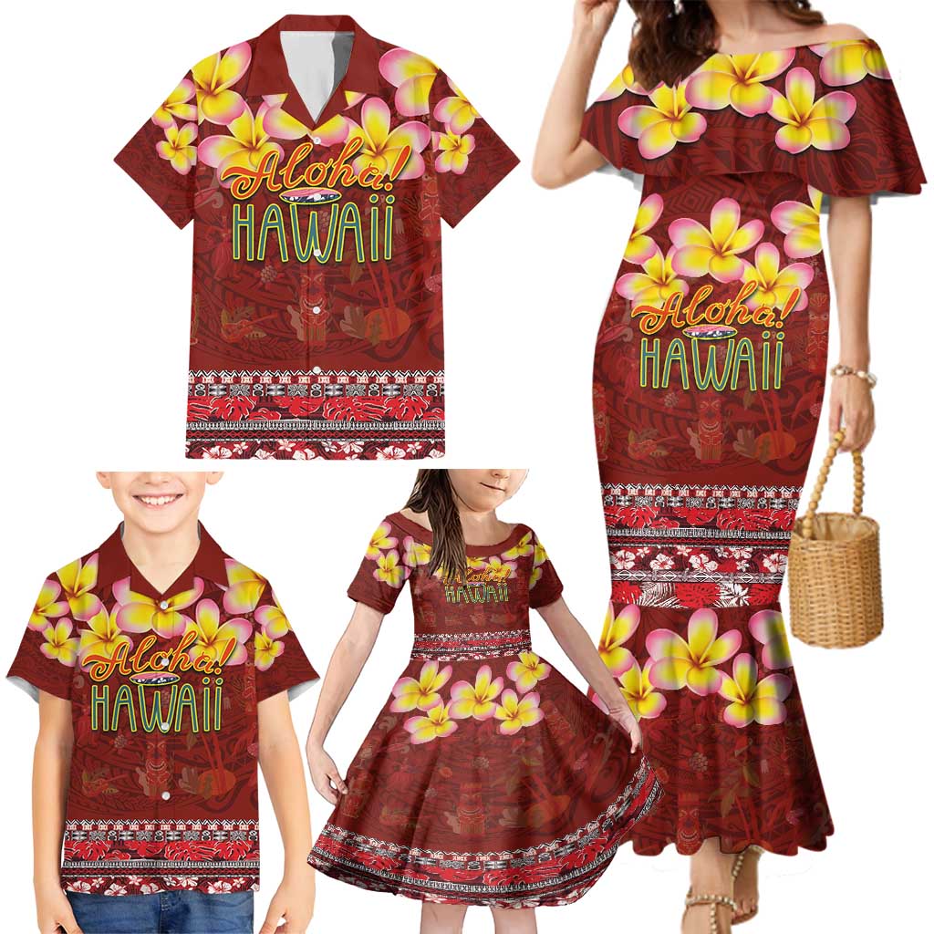 Aloha Plumeria Flowers Family Matching Mermaid Dress and Hawaiian Shirt With Hawaiian Style Tapa Tribal