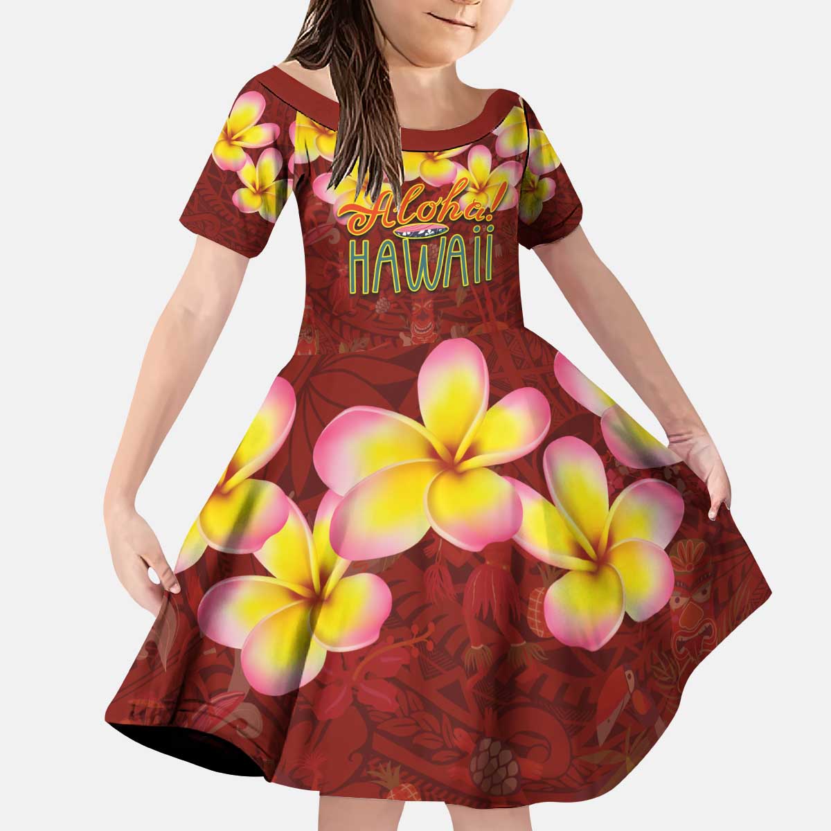 Aloha Plumeria Flowers Kid Short Sleeve Dress With Hawaiian Style Tapa Tribal