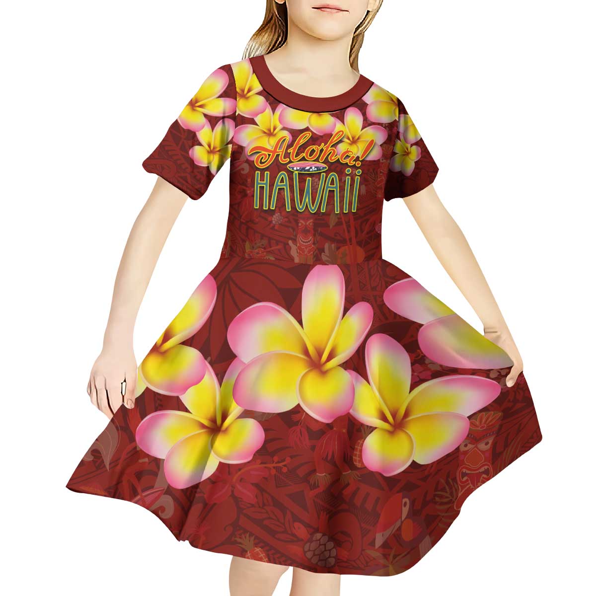 Aloha Plumeria Flowers Kid Short Sleeve Dress With Hawaiian Style Tapa Tribal