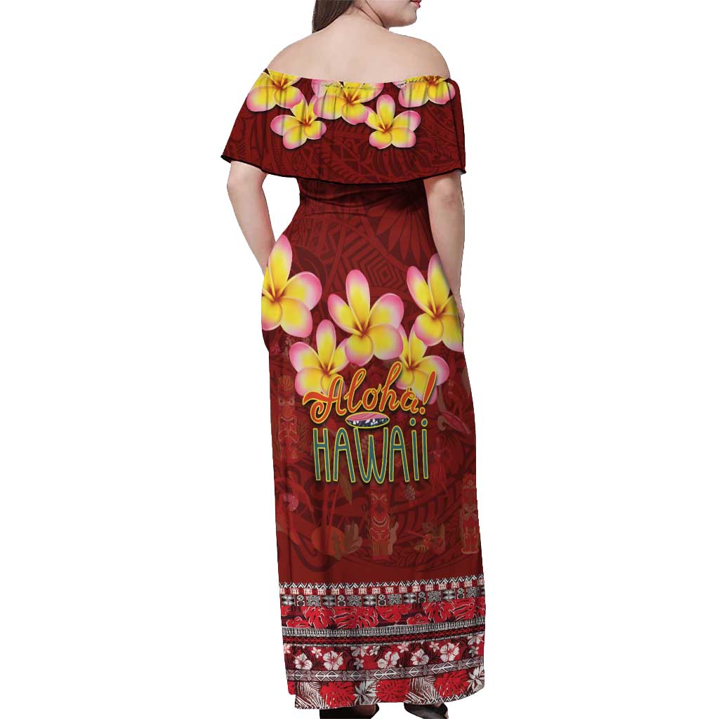 Aloha Plumeria Flowers Off Shoulder Maxi Dress With Hawaiian Style Tapa Tribal