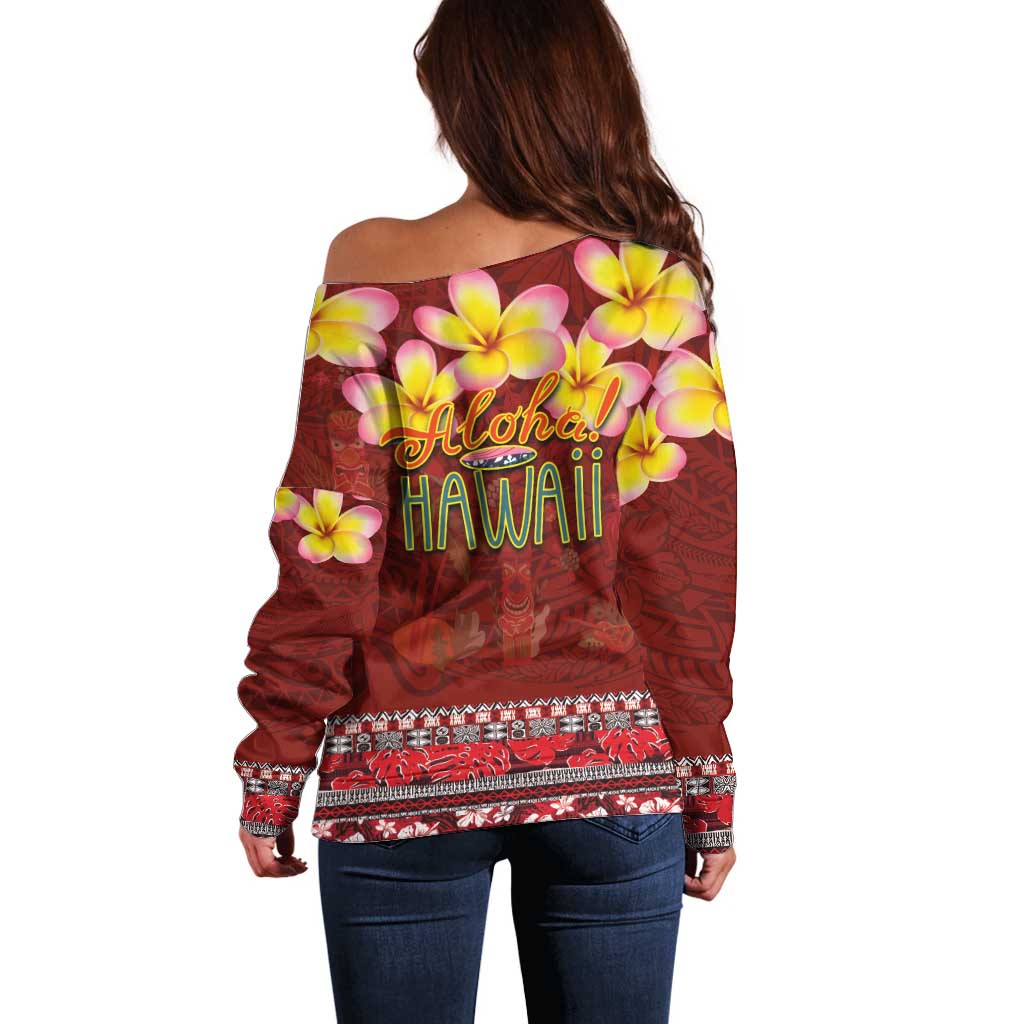 Aloha Plumeria Flowers Off Shoulder Sweater With Hawaiian Style Tapa Tribal