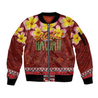 Aloha Plumeria Flowers Sleeve Zip Bomber Jacket With Hawaiian Style Tapa Tribal