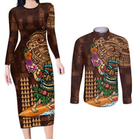 Hawaiian Tiki Mask Surfing Kakau Pattern Couples Matching Long Sleeve Bodycon Dress and Long Sleeve Button Shirt