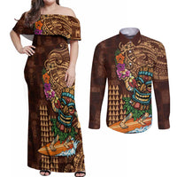 Hawaiian Tiki Mask Surfing Kakau Pattern Couples Matching Off Shoulder Maxi Dress and Long Sleeve Button Shirt