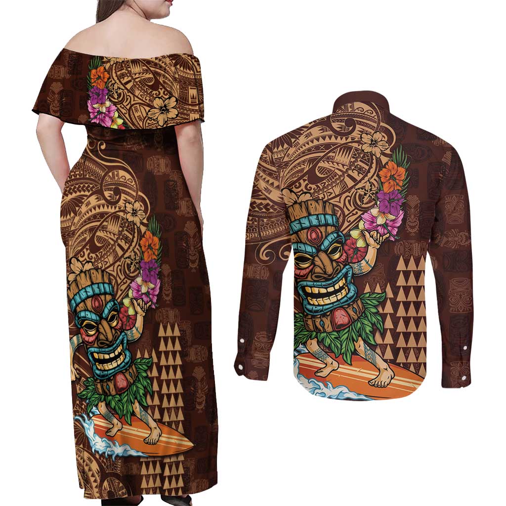 Hawaiian Tiki Mask Surfing Kakau Pattern Couples Matching Off Shoulder Maxi Dress and Long Sleeve Button Shirt