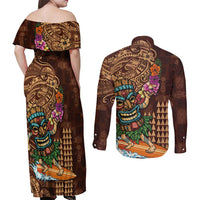 Hawaiian Tiki Mask Surfing Kakau Pattern Couples Matching Off Shoulder Maxi Dress and Long Sleeve Button Shirt
