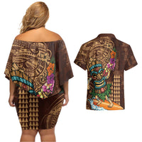 Hawaiian Tiki Mask Surfing Kakau Pattern Couples Matching Off Shoulder Short Dress and Hawaiian Shirt
