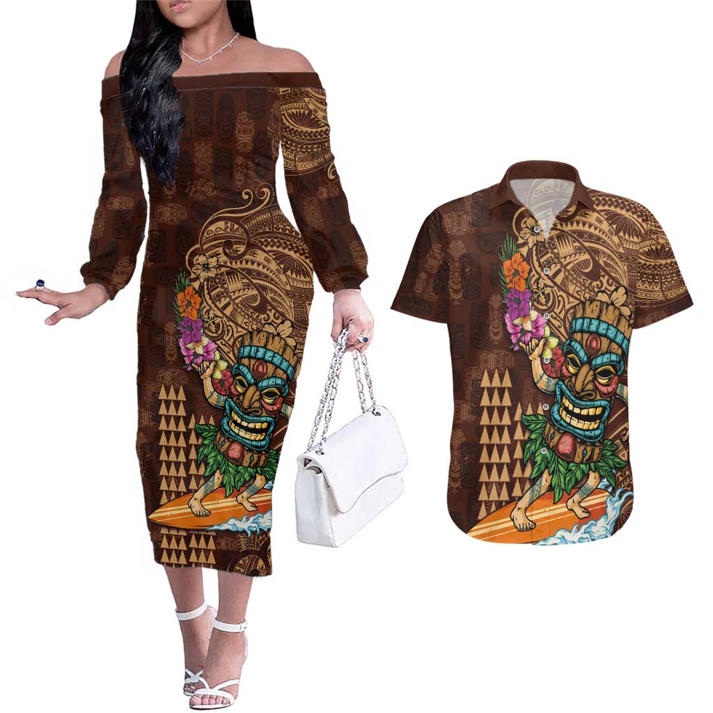 Hawaiian Tiki Mask Surfing Kakau Pattern Couples Matching Off The Shoulder Long Sleeve Dress and Hawaiian Shirt