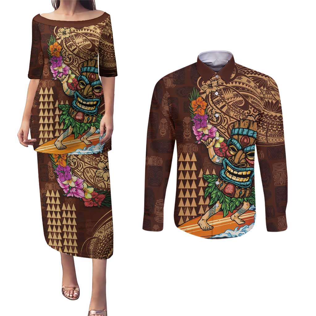 Hawaiian Tiki Mask Surfing Kakau Pattern Couples Matching Puletasi and Long Sleeve Button Shirt