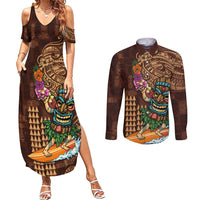 Hawaiian Tiki Mask Surfing Kakau Pattern Couples Matching Summer Maxi Dress and Long Sleeve Button Shirt