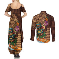 Hawaiian Tiki Mask Surfing Kakau Pattern Couples Matching Summer Maxi Dress and Long Sleeve Button Shirt