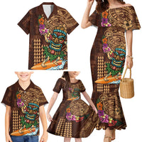 Hawaiian Tiki Mask Surfing Kakau Pattern Family Matching Mermaid Dress and Hawaiian Shirt