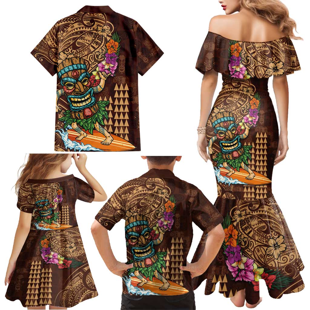 Hawaiian Tiki Mask Surfing Kakau Pattern Family Matching Mermaid Dress and Hawaiian Shirt