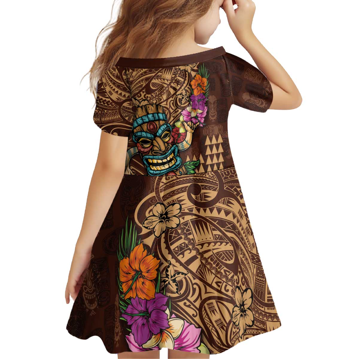 Hawaiian Tiki Mask Surfing Kakau Pattern Family Matching Off Shoulder Short Dress and Hawaiian Shirt