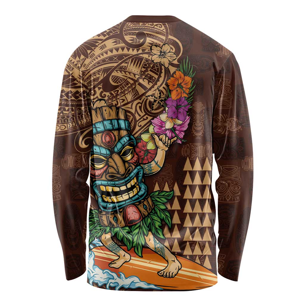 Hawaiian Tiki Mask Surfing Kakau Pattern Long Sleeve Shirt