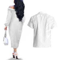 Niue White Sunday Couples Matching Off The Shoulder Long Sleeve Dress and Hawaiian Shirt Hiapo Tribal Art Tattoos - Polynesian Pride