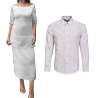 Niue White Sunday Couples Matching Puletasi and Long Sleeve Button Shirt Hiapo Tribal Art Tattoos LT03 White - Polynesian Pride