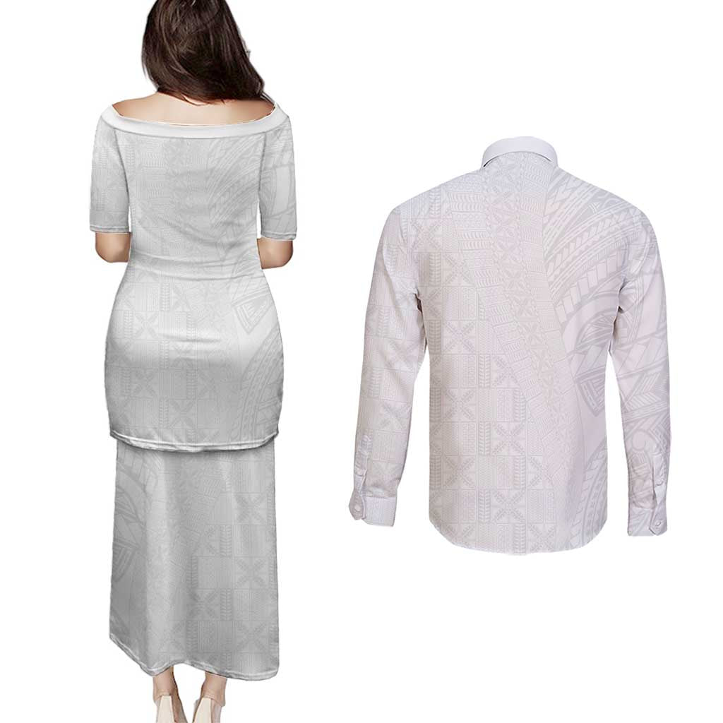 Niue White Sunday Couples Matching Puletasi and Long Sleeve Button Shirt Hiapo Tribal Art Tattoos LT03 - Polynesian Pride