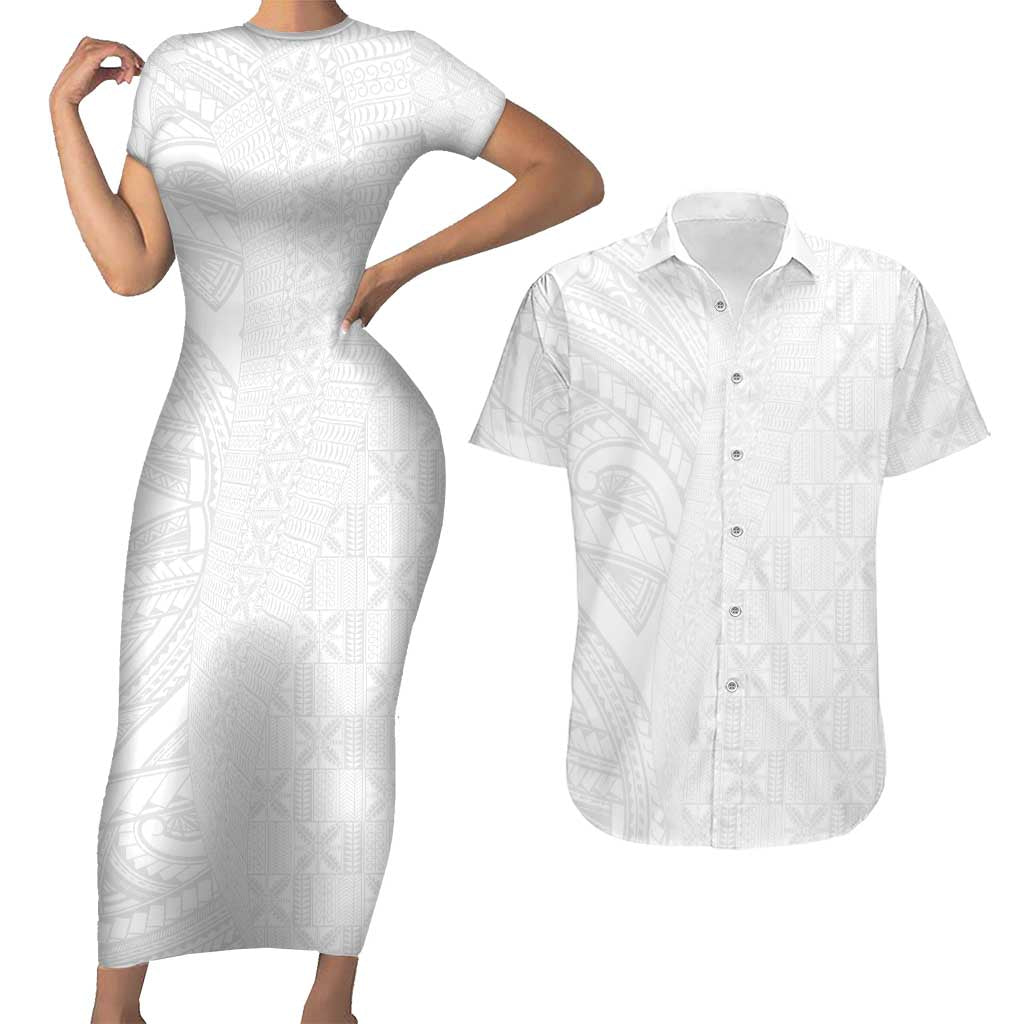 Niue White Sunday Couples Matching Short Sleeve Bodycon Dress and Hawaiian Shirt Hiapo Tribal Art Tattoos - Polynesian Pride