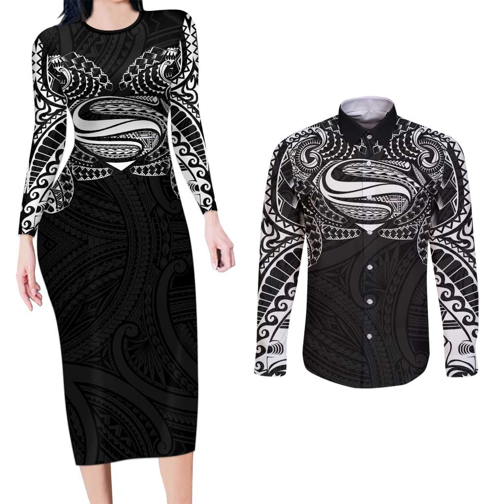 Super Samoan Traditional Tribal Art Tattoos Couples Matching Long Sleeve Bodycon Dress and Long Sleeve Button Shirt Black Color - Polynesian Pride