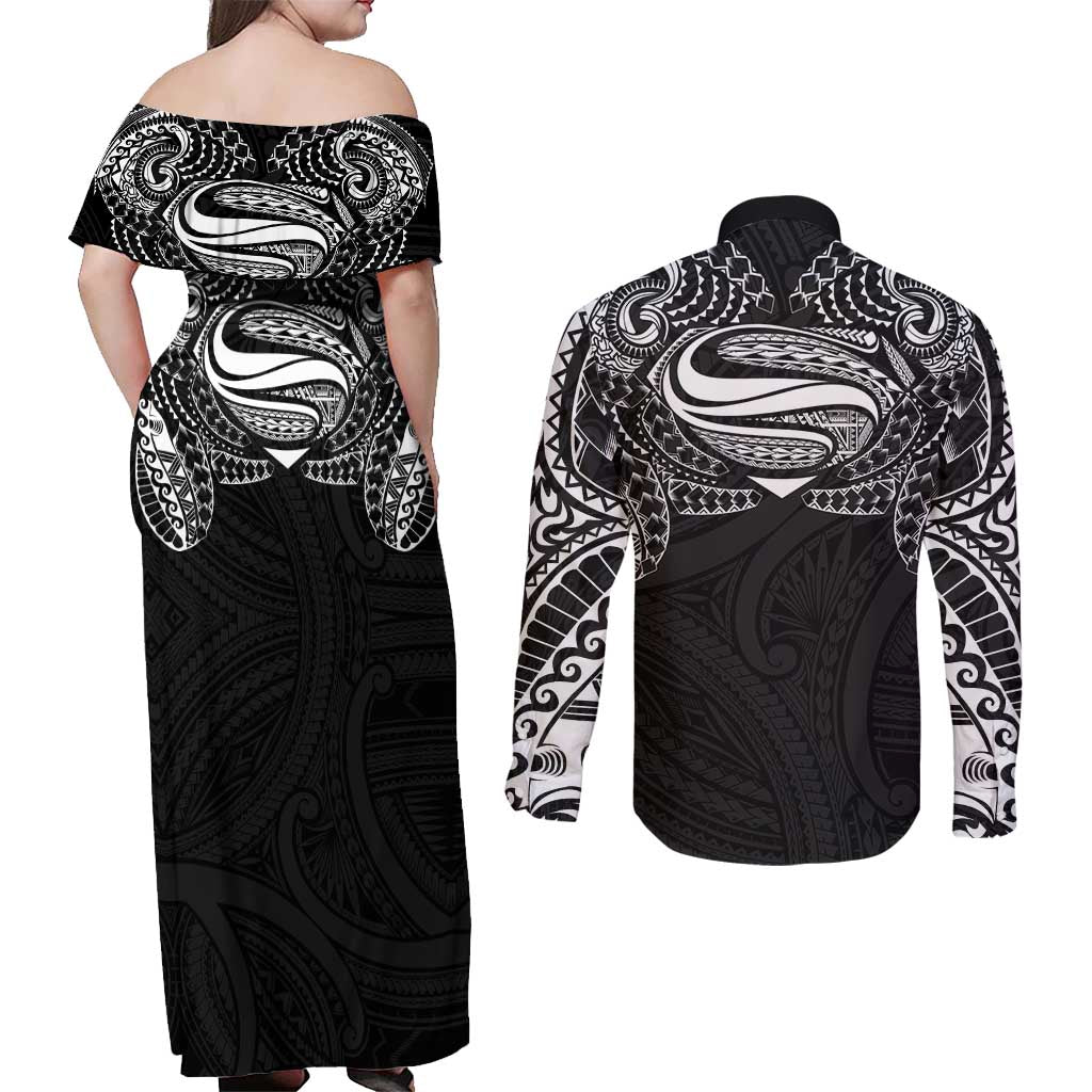 Super Samoan Traditional Tribal Art Tattoos Couples Matching Off Shoulder Maxi Dress and Long Sleeve Button Shirt Black Color - Polynesian Pride