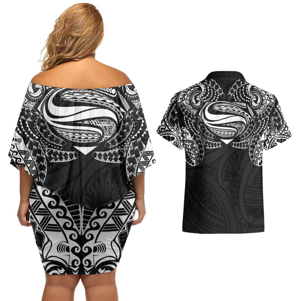 Super Samoan Traditional Tribal Art Tattoos Couples Matching Off Shoulder Short Dress and Hawaiian Shirt Black Color - Polynesian Pride