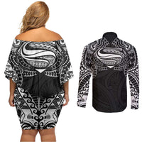 Super Samoan Traditional Tribal Art Tattoos Couples Matching Off Shoulder Short Dress and Long Sleeve Button Shirt Black Color - Polynesian Pride
