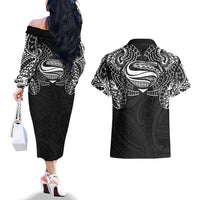 Super Samoan Traditional Tribal Art Tattoos Couples Matching Off The Shoulder Long Sleeve Dress and Hawaiian Shirt Black Color - Polynesian Pride