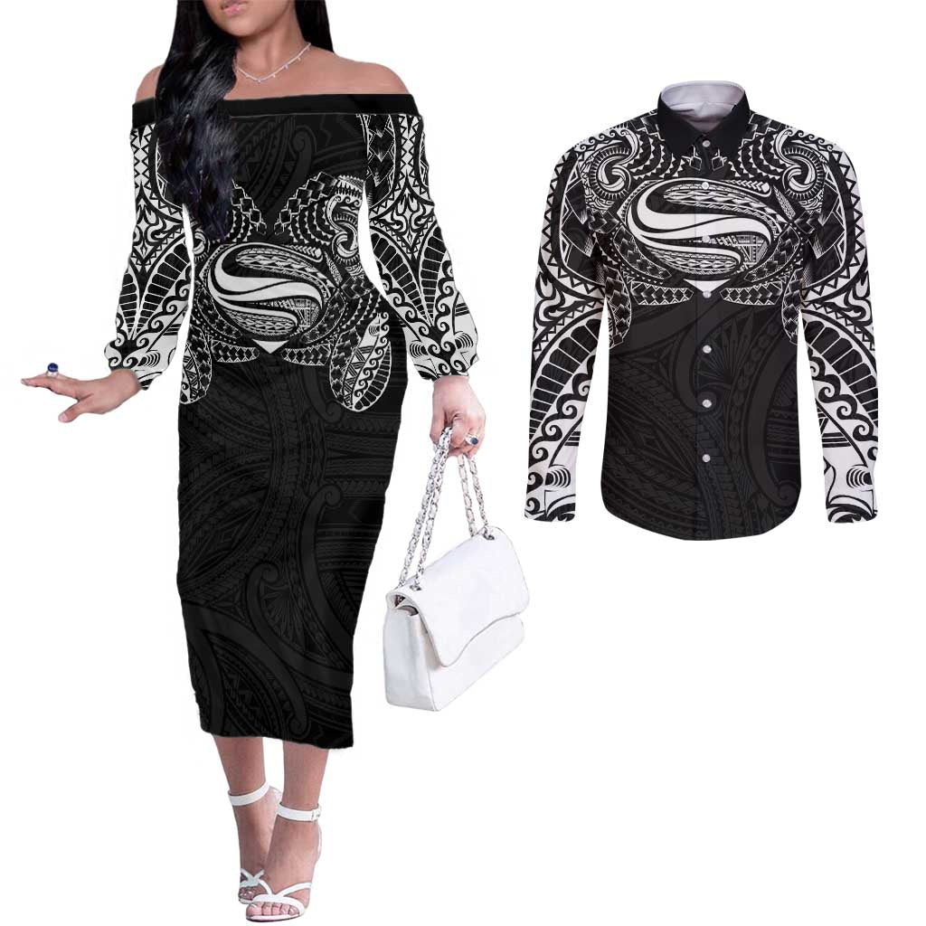 Super Samoan Traditional Tribal Art Tattoos Couples Matching Off The Shoulder Long Sleeve Dress and Long Sleeve Button Shirt Black Color - Polynesian Pride