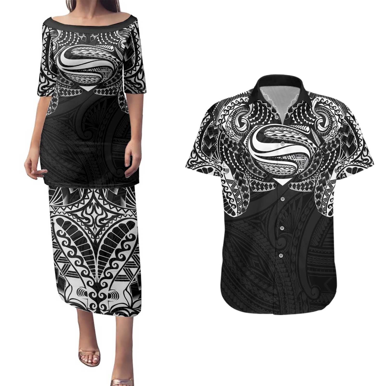 Super Samoan Traditional Tribal Art Tattoos Couples Matching Puletasi and Hawaiian Shirt Black Color - Polynesian Pride