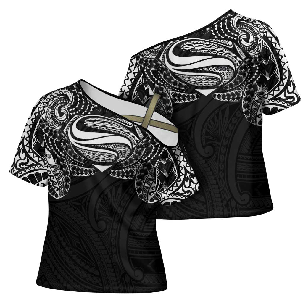 Super Samoan Traditional Tribal Art Tattoos Cross Shoulder Shirt Black Color - Polynesian Pride
