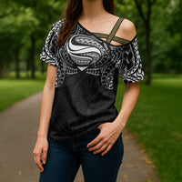 Super Samoan Traditional Tribal Art Tattoos Cross Shoulder Shirt Black Color - Polynesian Pride