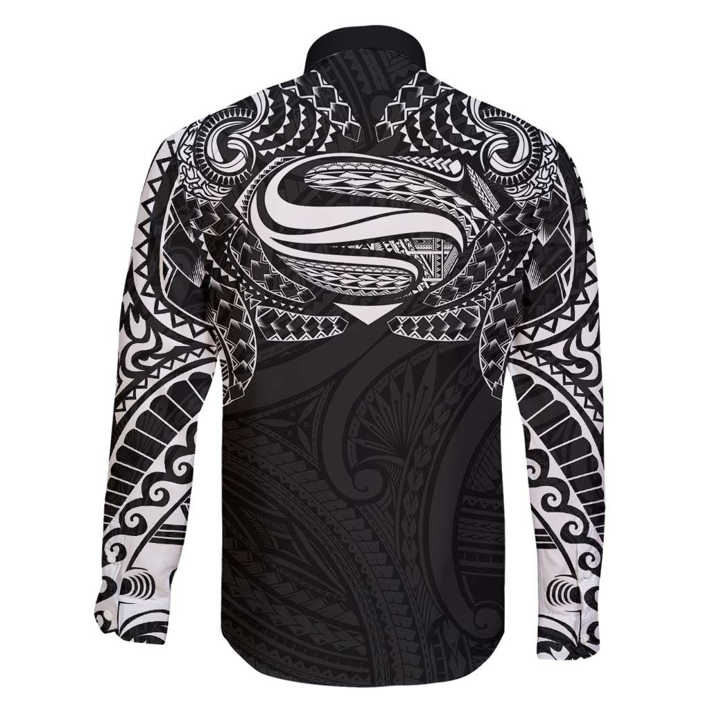 Super Samoan Traditional Tribal Art Tattoos Family Matching Long Sleeve Bodycon Dress and Hawaiian Shirt Black Color - Polynesian Pride
