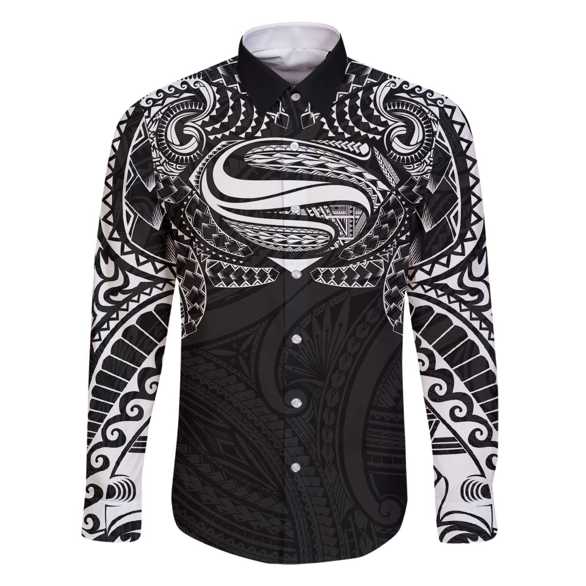 Super Samoan Traditional Tribal Art Tattoos Family Matching Off The Shoulder Long Sleeve Dress and Hawaiian Shirt Black Color - Polynesian Pride