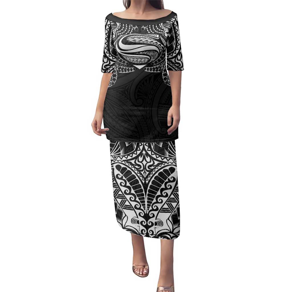 Super Samoan Traditional Tribal Art Tattoos Family Matching Puletasi and Hawaiian Shirt Black Color - Polynesian Pride