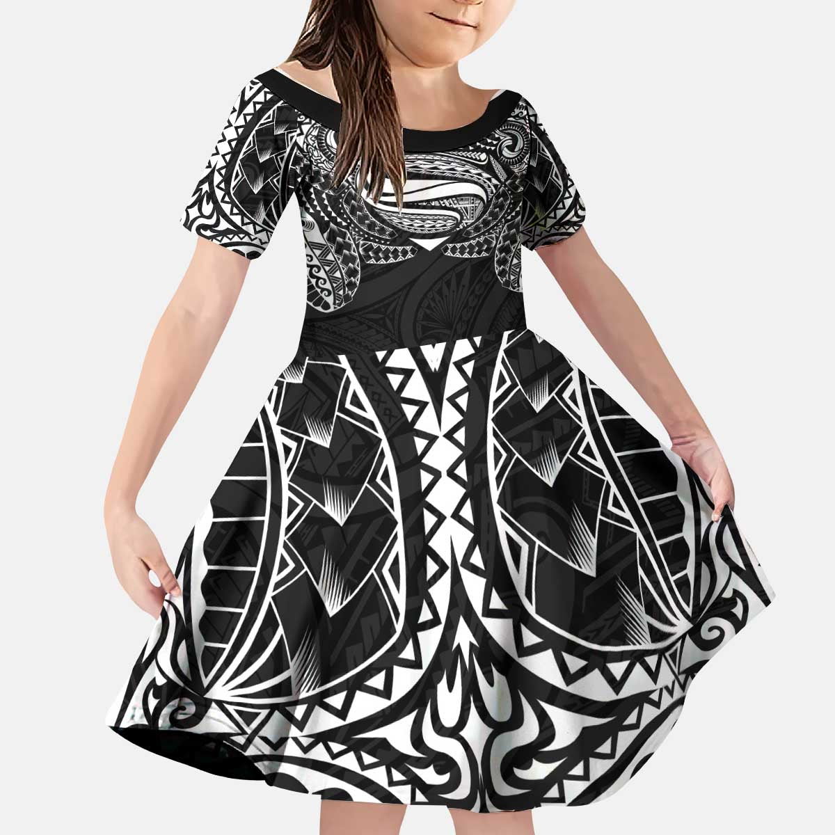 Super Samoan Traditional Tribal Art Tattoos Kid Short Sleeve Dress Black Color LT03 KID Black - Polynesian Pride