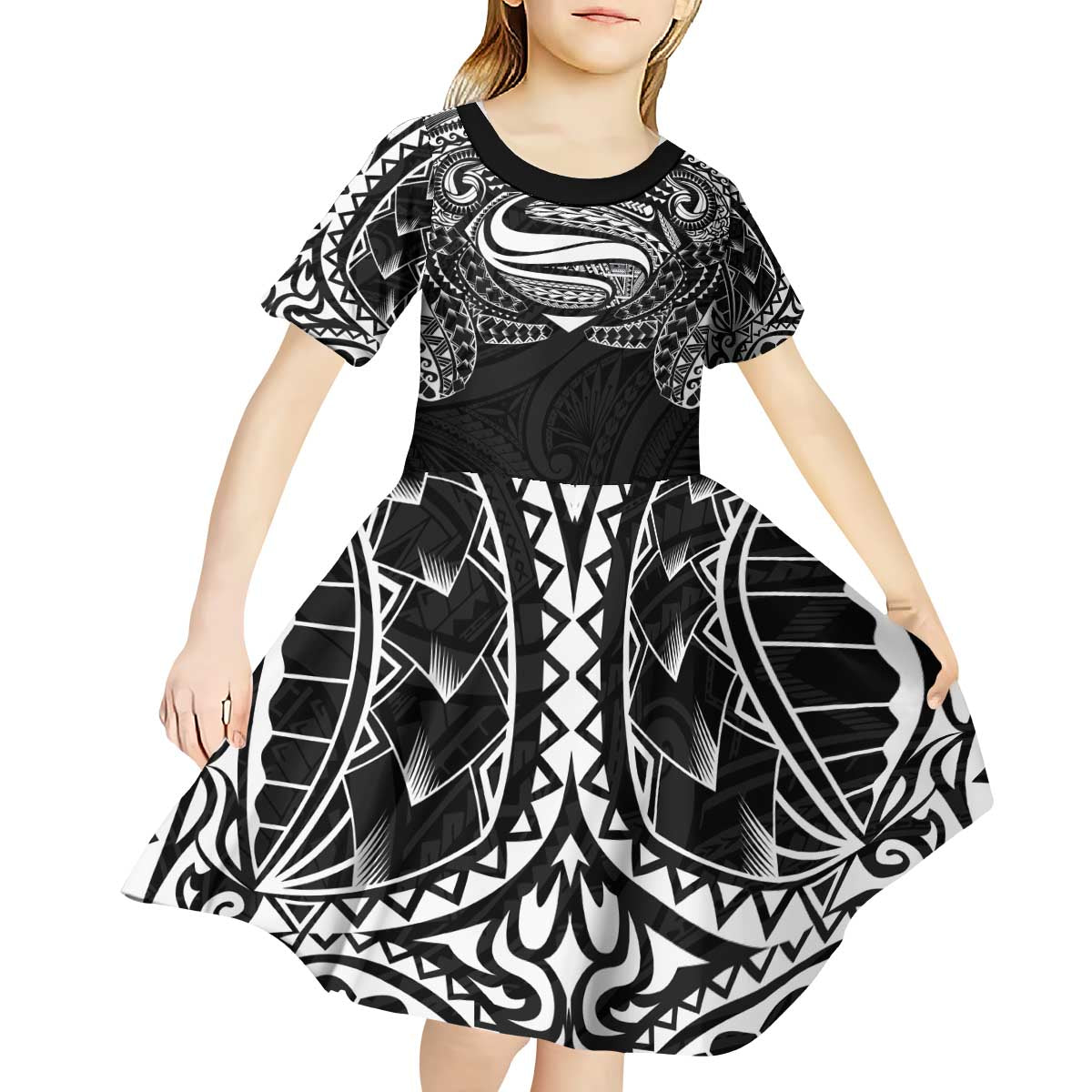 Super Samoan Traditional Tribal Art Tattoos Kid Short Sleeve Dress Black Color LT03 - Polynesian Pride